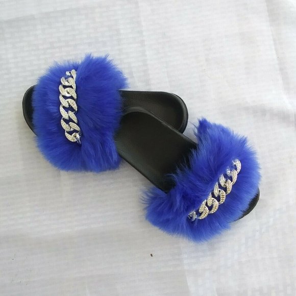 Royal Blue Faux Fur Slides/Slippers/With Chain - Picture 7 of 7